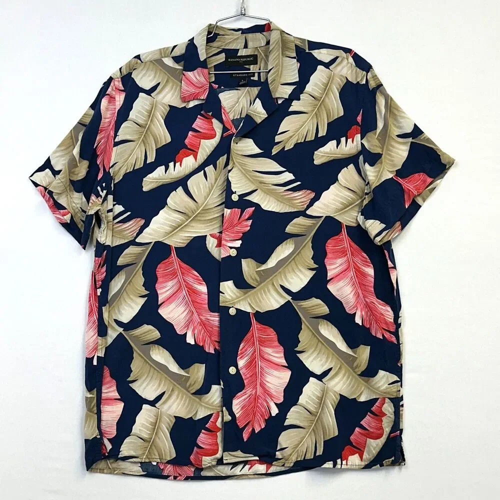 Banana Republic Rayon Hawaiian Camp Shirt Men's Large Tropical Leaf Blue Pink
